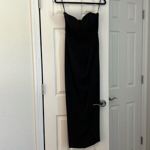 Shona Joy, Black, Strapless midi Gown, gold zipper. Size 4.